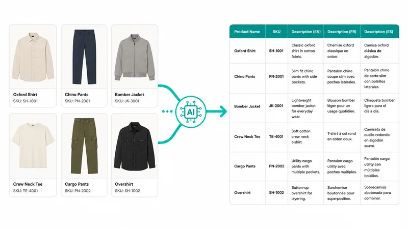 Apparel catalog automation flow: product thumbnails → AI processing arrow → structured database table
